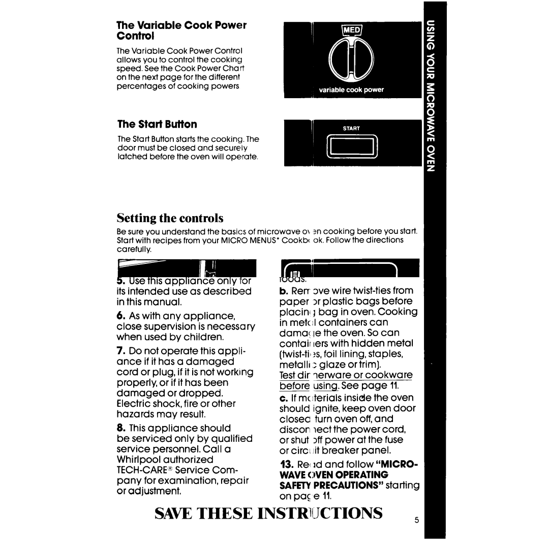 Whirlpool RM955PXP manual Setting the controls, Variable Cook Power Control, Start Button 