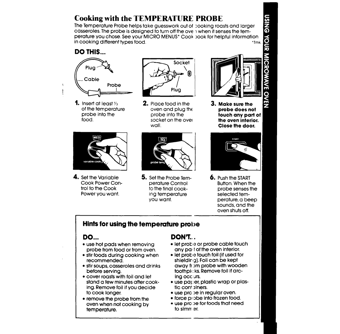 Whirlpool RM955PXP manual Cooking with the Temperature Probe, Hints for using the temperature pt&e, Don’T 