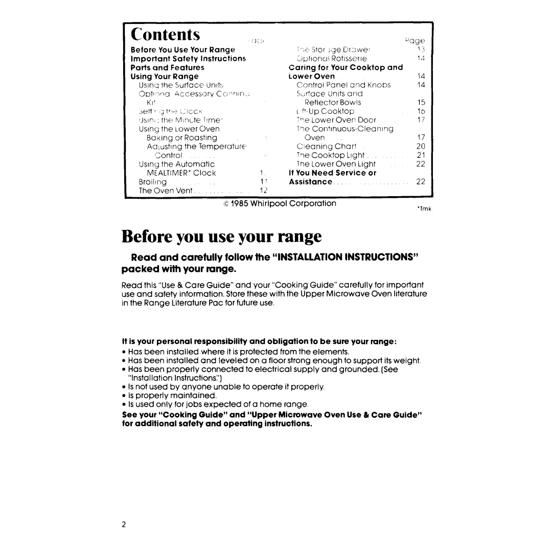 Whirlpool RM955PXP manual Contents, Before you use your range 