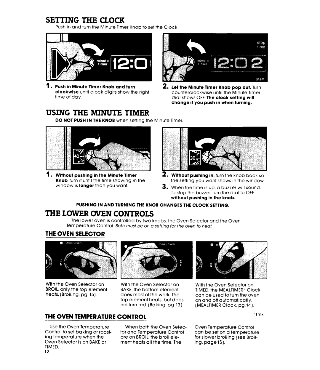 Whirlpool RM955PXt Setting the Clock, Using the Minute Timer, Lower Oven Controls, Oven Selector, Oven Temperature Control 