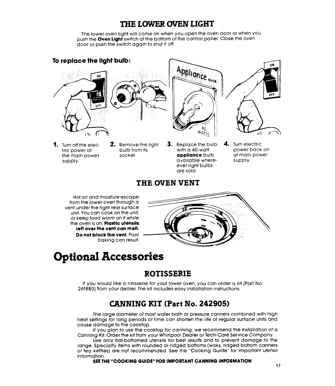 Whirlpool RM955PXt warranty Optional Accessories, Lower Oven Light, Rotisserie, To replace the light bulb 