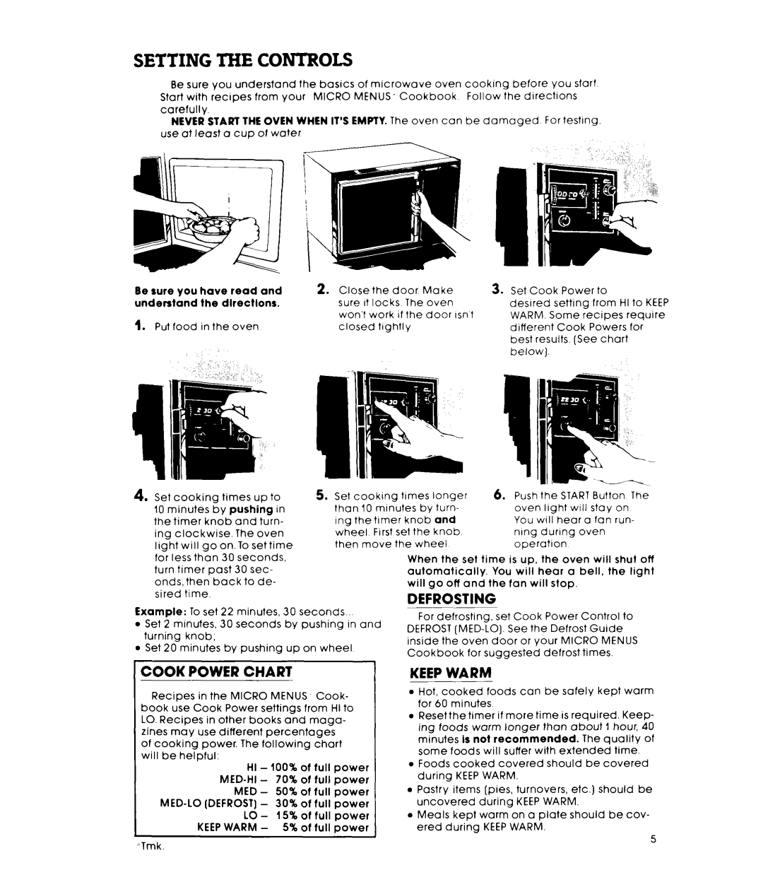 Whirlpool RM955PXt warranty Defrosting, Cook Power Chart, Keep Warm 