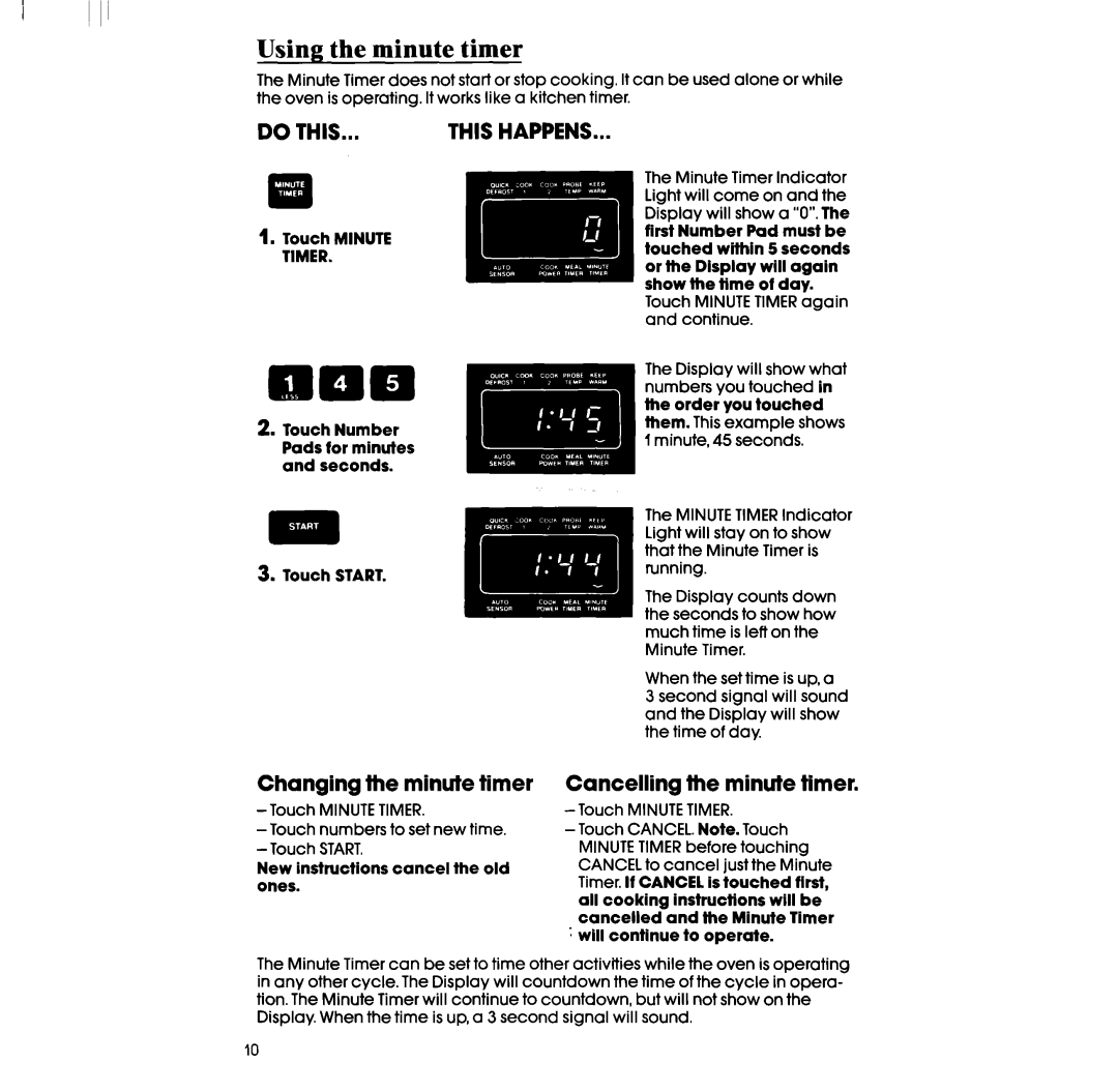 Whirlpool RM973BXS Using the minute timer, Changing the minute timer, Cancelling the minute timer, Touch Minute Timer 