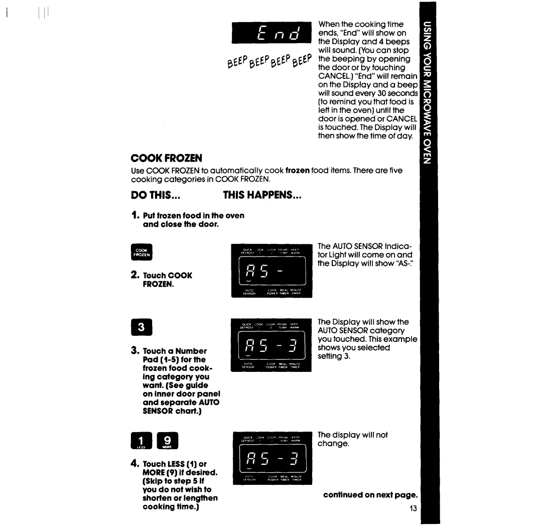 Whirlpool RM978BXS, RM973BXS manual Cook Frozen, Put frozen food in the oven and close the door 