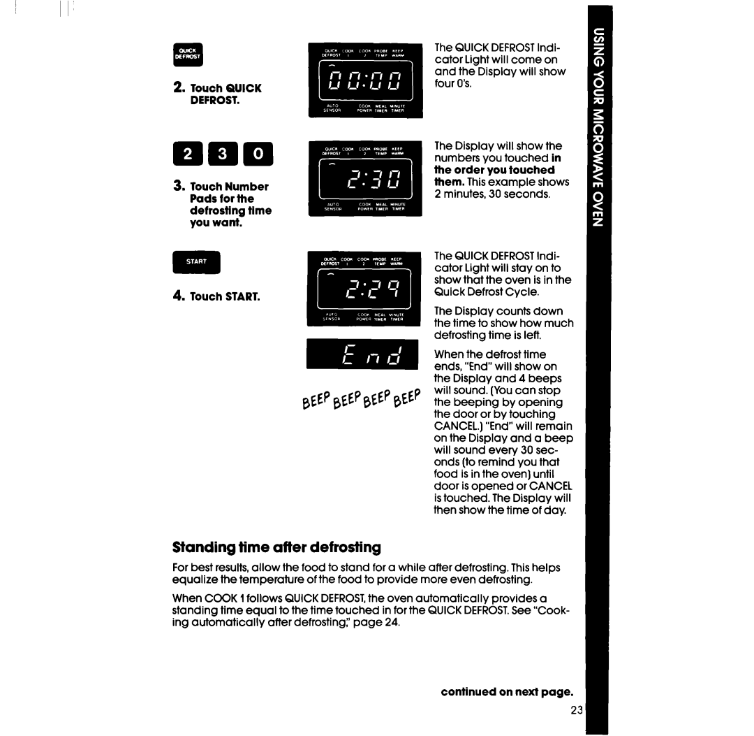 Whirlpool RM978BXS, RM973BXS manual Standing time affer defrosting, Touch Quick 