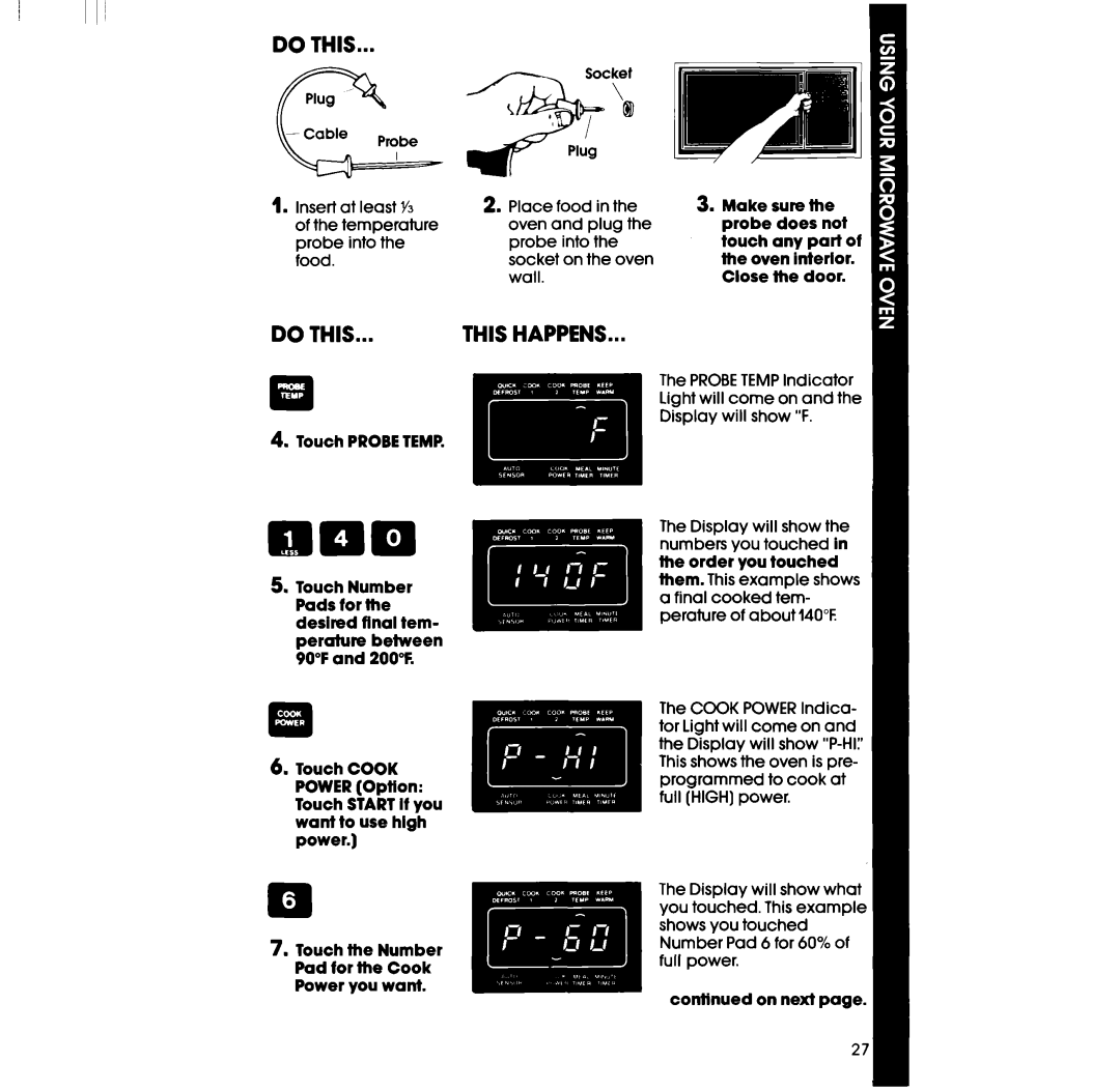 Whirlpool RM978BXS, RM973BXS manual Insert at least Y3 of the temperature probe into the food 