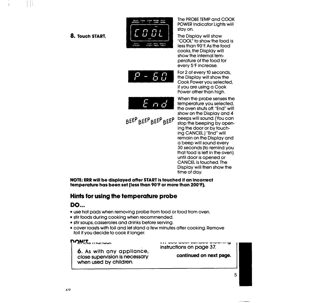 Whirlpool RM973BXS, RM978BXS manual Hints for using the temperature probe, Don’T 