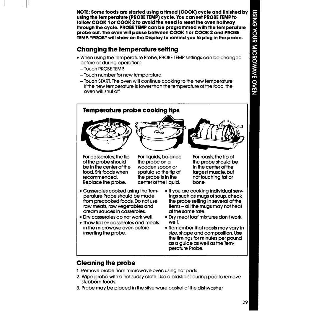 Whirlpool RM978BXS, RM973BXS manual Changing the temperature setting, Temperatute probe cooking tips, Cleaning the probe 