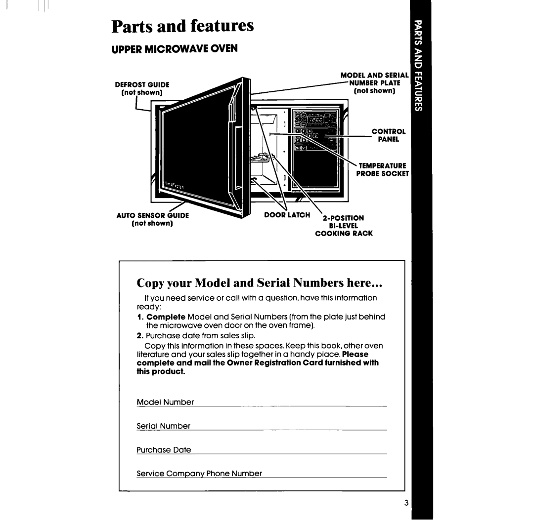 Whirlpool RM978BXS, RM973BXS manual Parts and features, Copy your Model and Serial Numbers here, Uppermicrowave Oven 