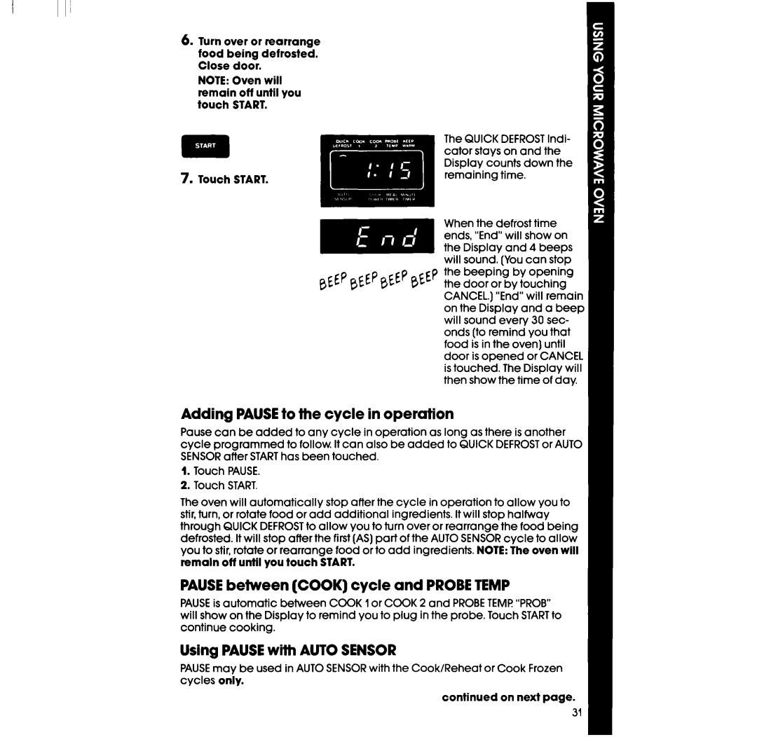 Whirlpool RM978BXS, RM973BXS manual Adding PAUSEto the cycle in operation, PAUSEbetween Cook cycle and Probetemp 