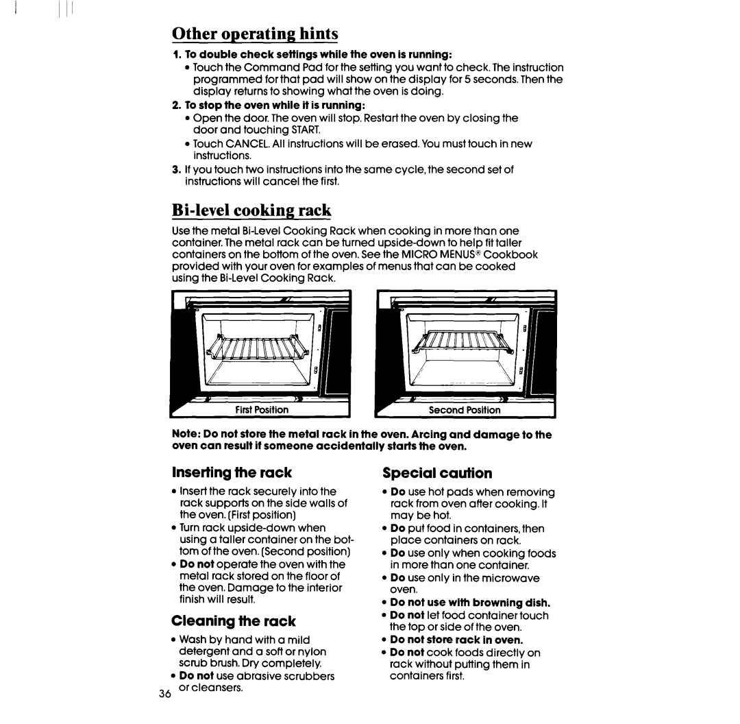 Whirlpool RM973BXS Other operating hints, Bi-level cooking rack, Inserting the rack, Cleaning the rack, Special caution 