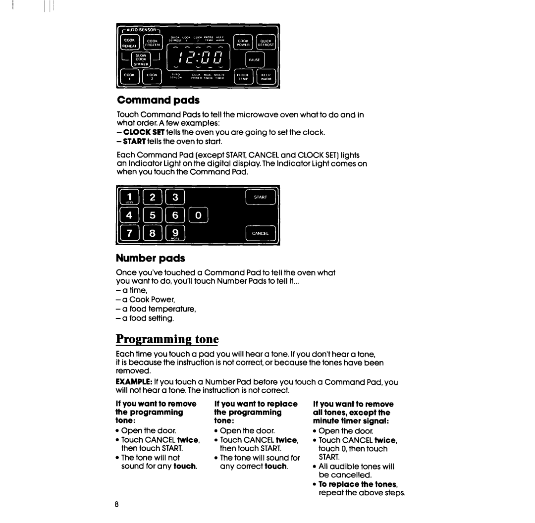 Whirlpool RM973BXS Programming tone, Command pads, Number pads, If you want to replace the programming tone Open the door 