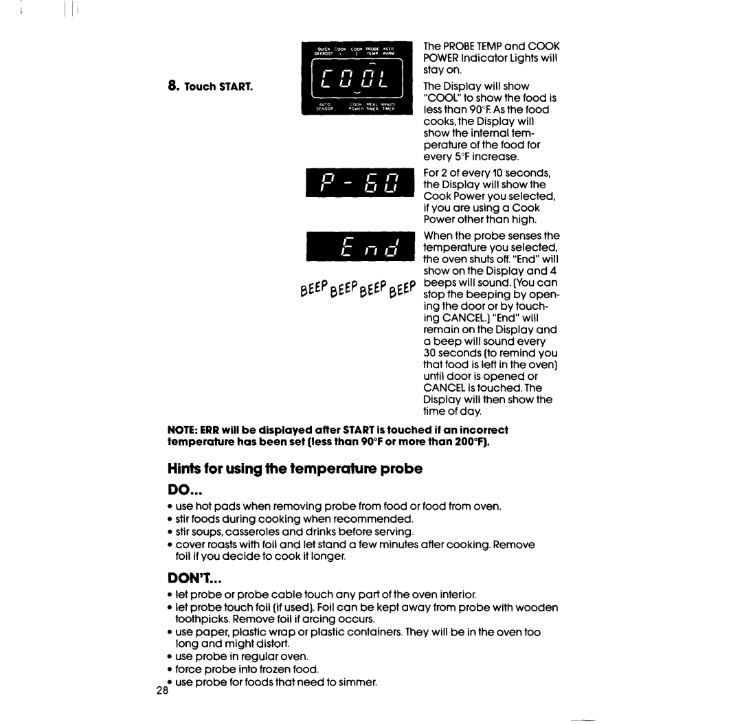 Whirlpool RM973BXS, RM978BXS manual Hints for using the temperature probe DO, Don’T 