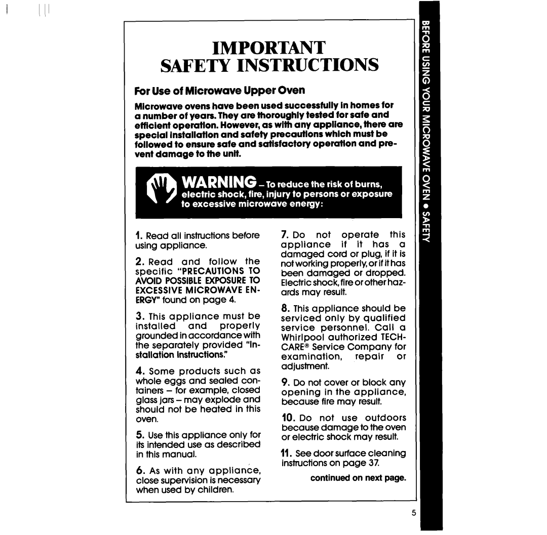 Whirlpool RM978BXS, RM973BXS manual Safety Instructions, For Use of Microwave Upper Oven 