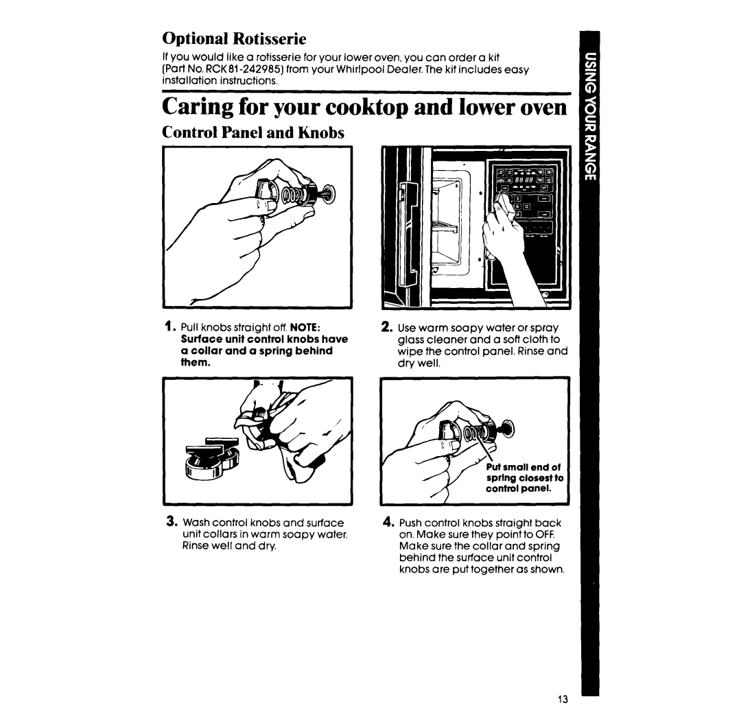 Whirlpool RM973PXB manual Caring for your eooktop and lower oven, Optional Rotisserie, Control Panel and Knobs 