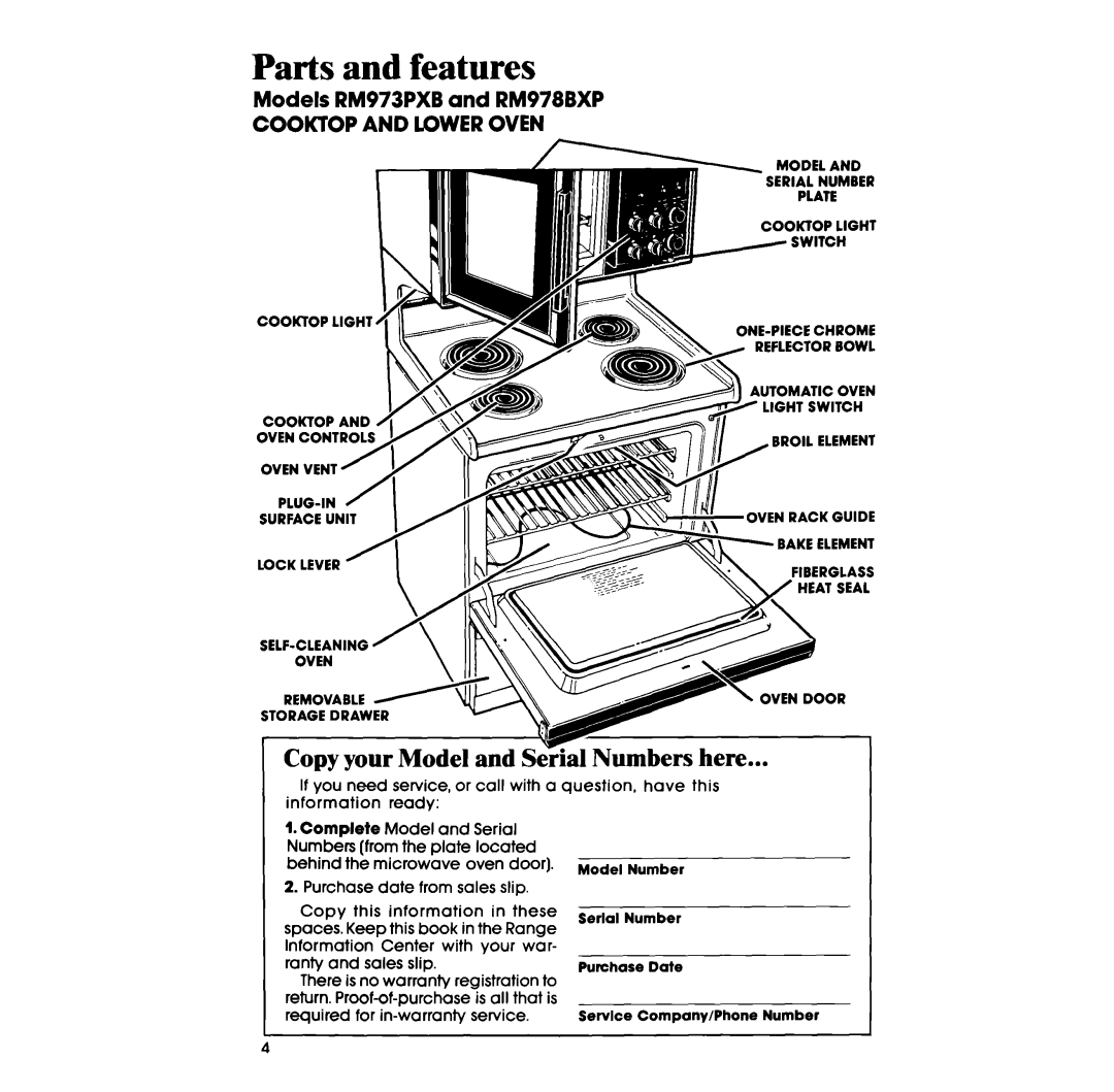 Whirlpool manual Parts and features, Copy your Model and SeTial Numbers here, Models RM973PXB and RM978BXP 