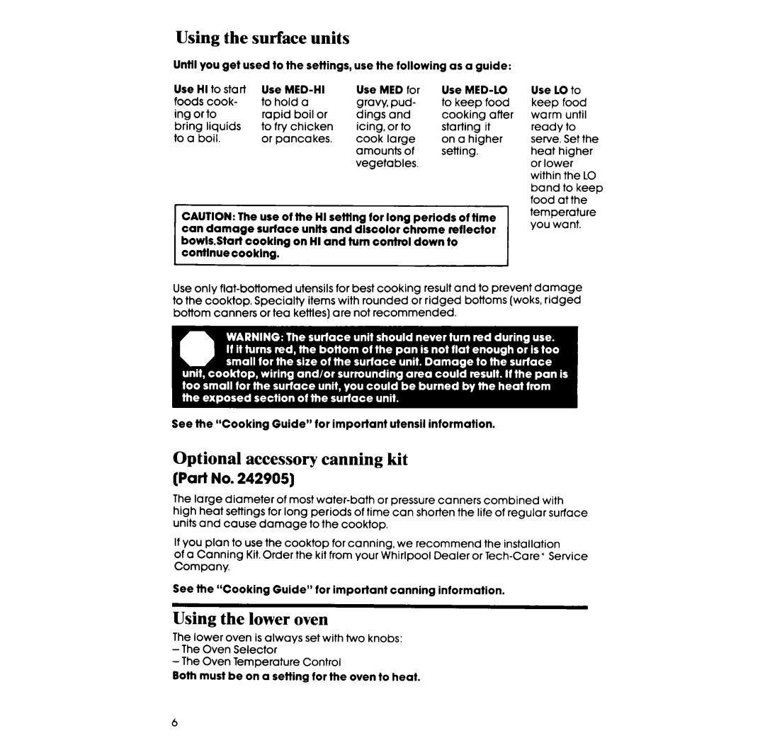 Whirlpool RM973PXB manual Using the surface units, Optional accessory canning kit, Using the lower oven 