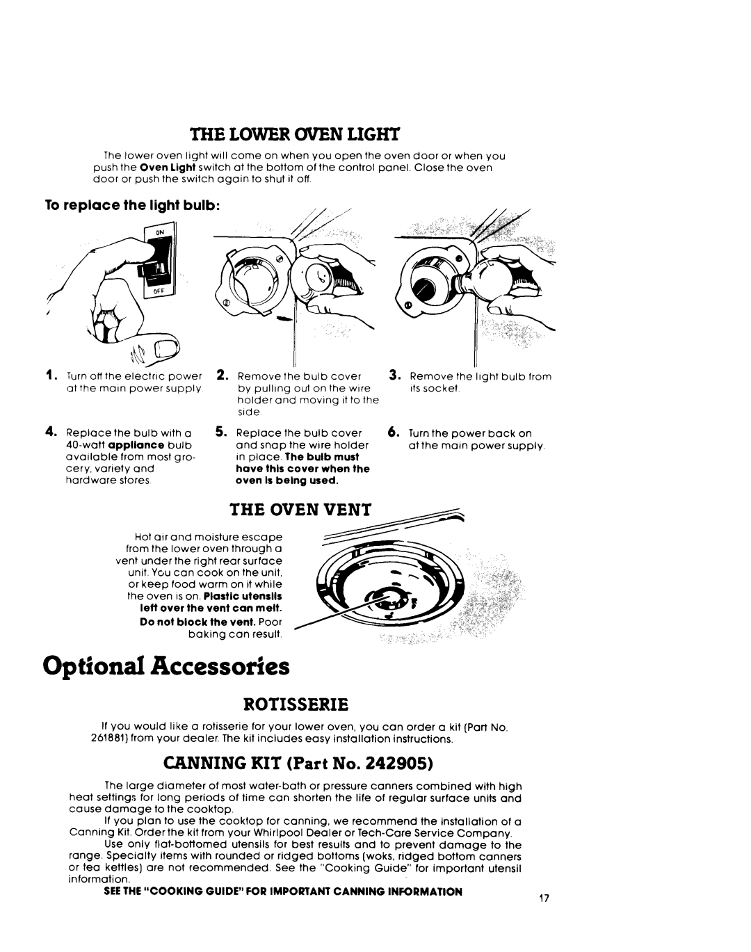 Whirlpool RM975PXL, RM973PXL warranty Lower Oven Light, Oven Vent, Rotisserie, Canning, To replace the light bulb 