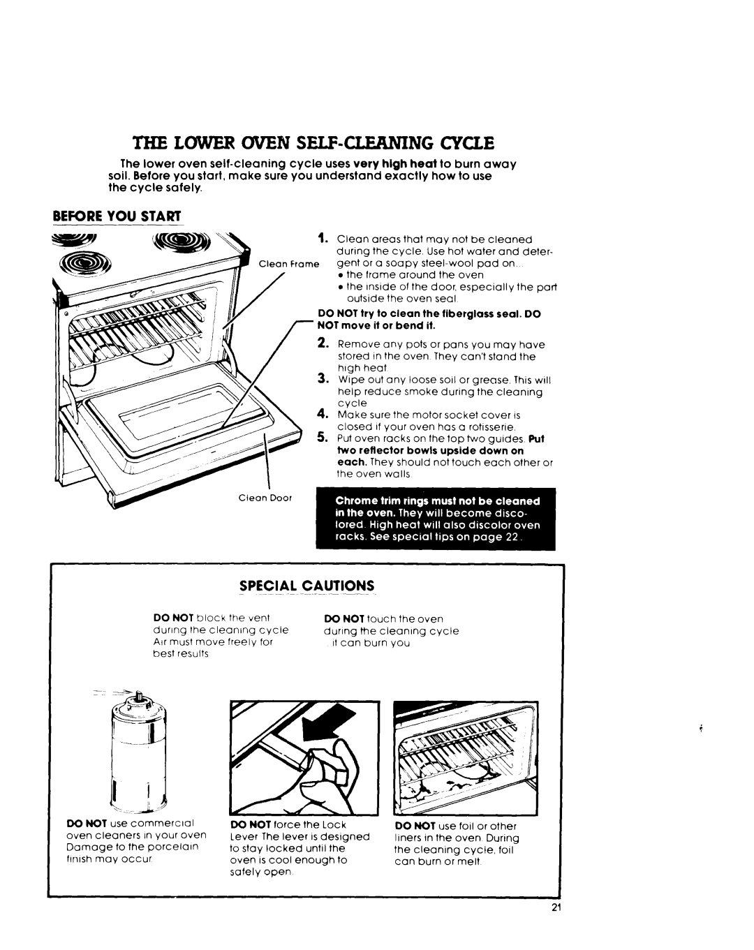 Whirlpool RM975PXL Lower Oven SELF-CLERNING Cycle, Bekre YOU Start, Special Cautions, Two reflector bowls upside down on 