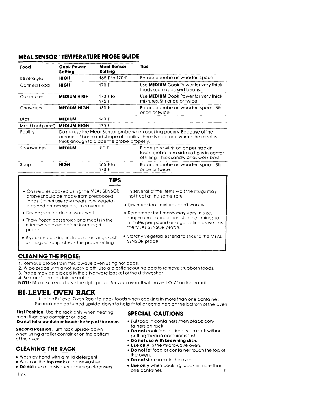 Whirlpool RM975PXL, RM973PXL warranty Level Oven Rack, Meal Sensor Temperature Probe Guide, Tips, Cleaning the Rack 