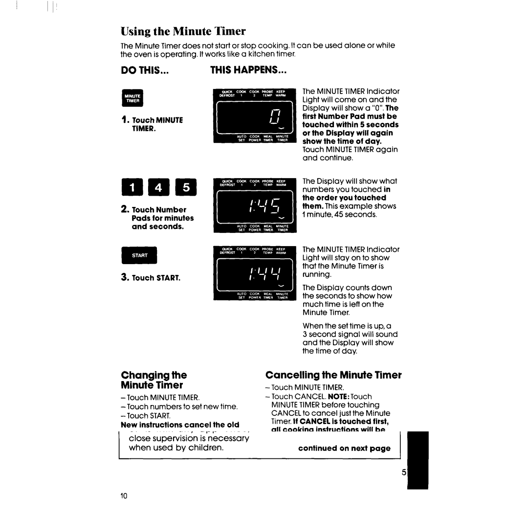 Whirlpool SM958PEV, RM978BXV, SM988PEV, RM973BXV Using the Minute Timer, Changing Minute Timer, Cancelling the Minute Timer 