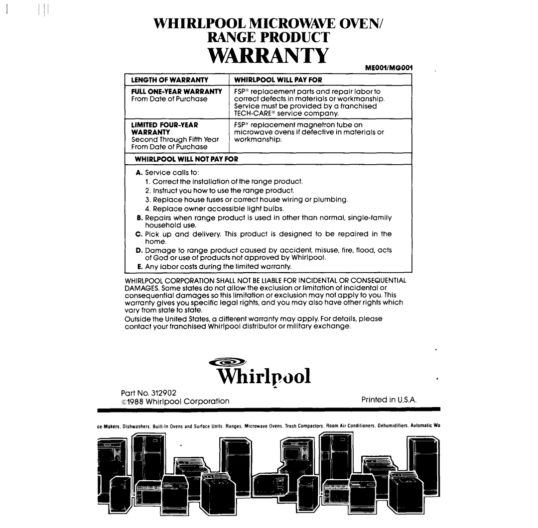 Whirlpool RM978BXV, SM988PEV, SM958PEV, RM973BXV manual Wrranty 