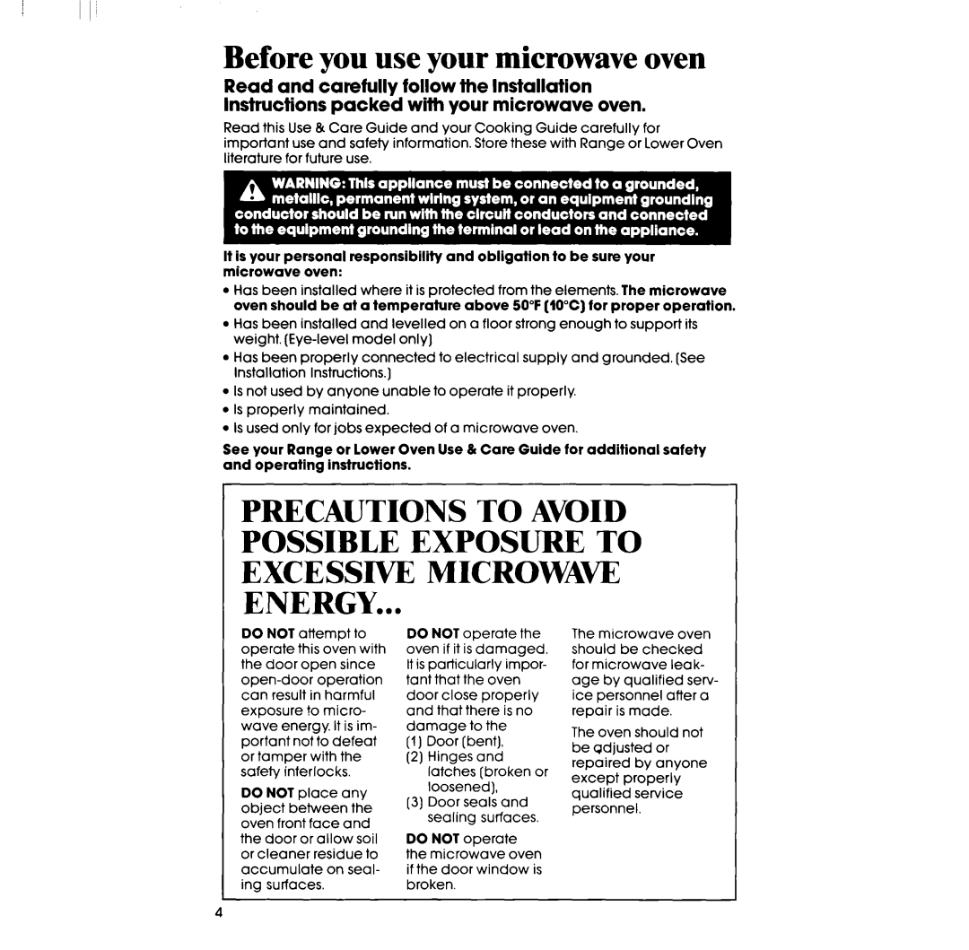 Whirlpool RM978BXV, SM988PEV, SM958PEV Before you use your microwave oven, I I’, Read and carefully follow the Installation 