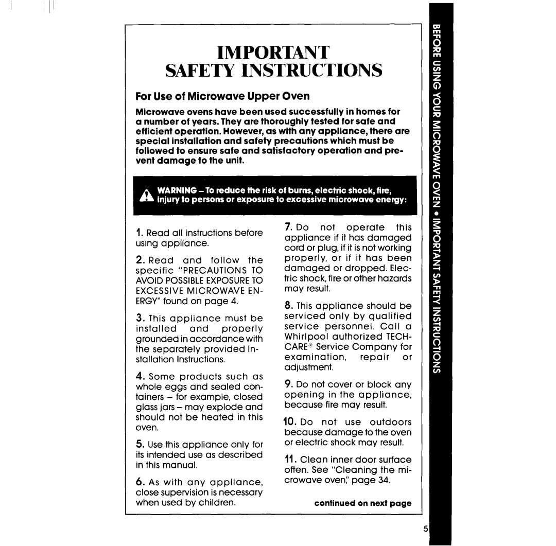 Whirlpool SM988PEV, RM978BXV, SM958PEV, RM973BXV manual Safety Instructions, For Use of Microwave Upper Oven 
