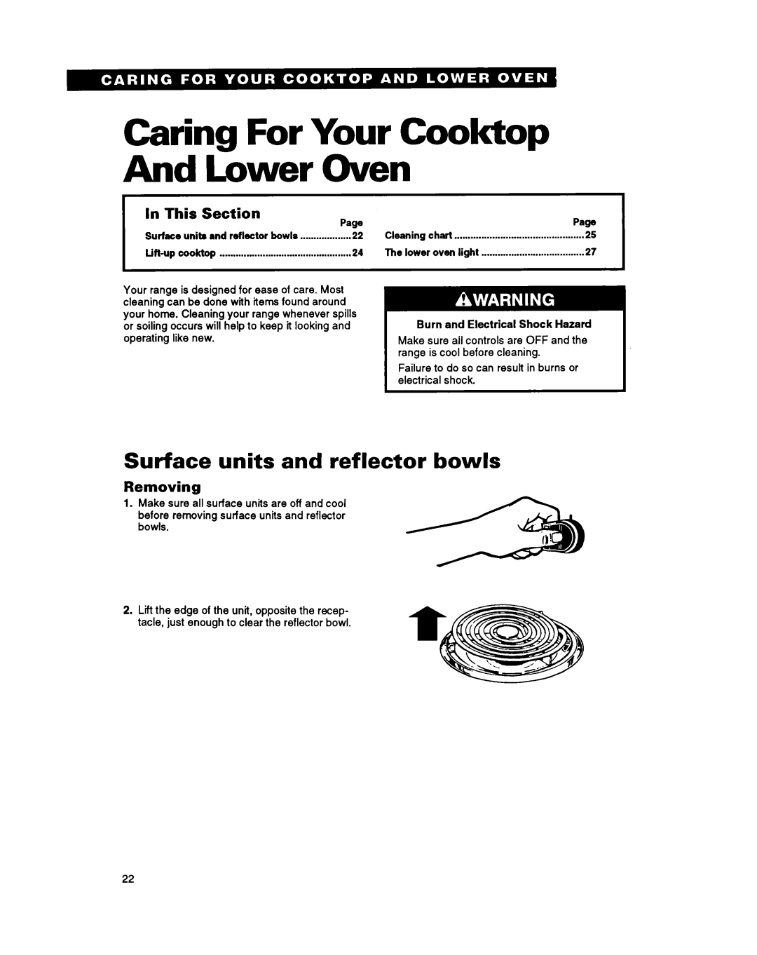 Whirlpool RM980PXY warranty Caring For Your Coolctop And Lower Oven, Surface units and reflector bowls, Removing 