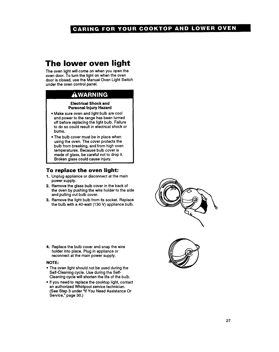 Whirlpool RM980PXY warranty Lower oven light, To replace the oven light 