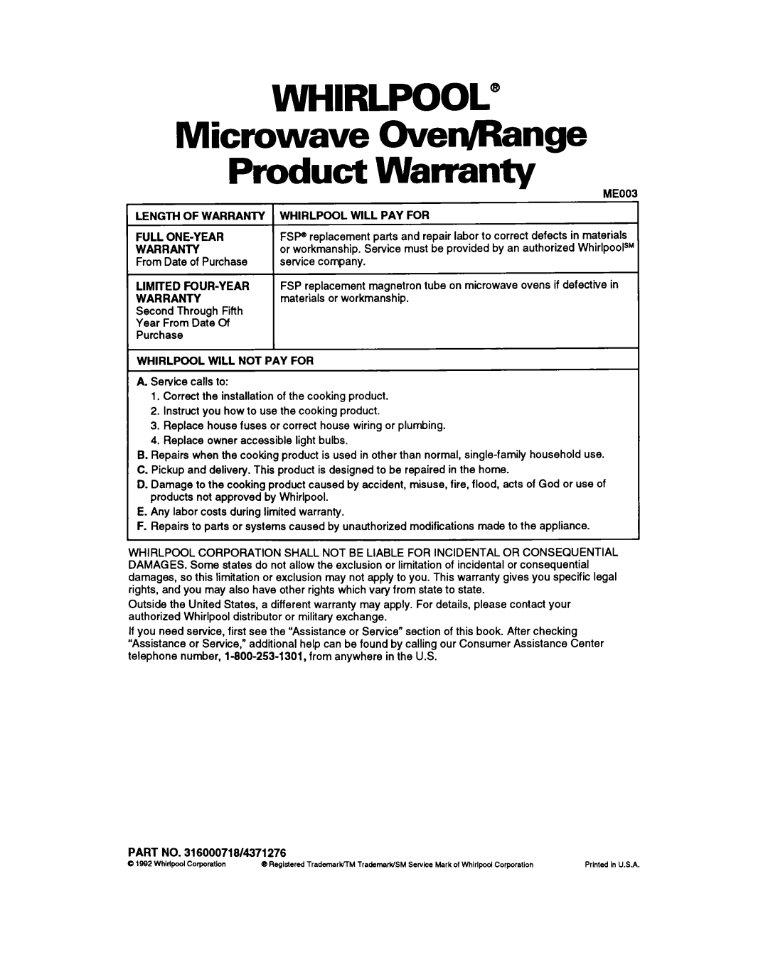 Whirlpool RM980PXY warranty Whirlpool, Microwave OverJRange Product Warranty 