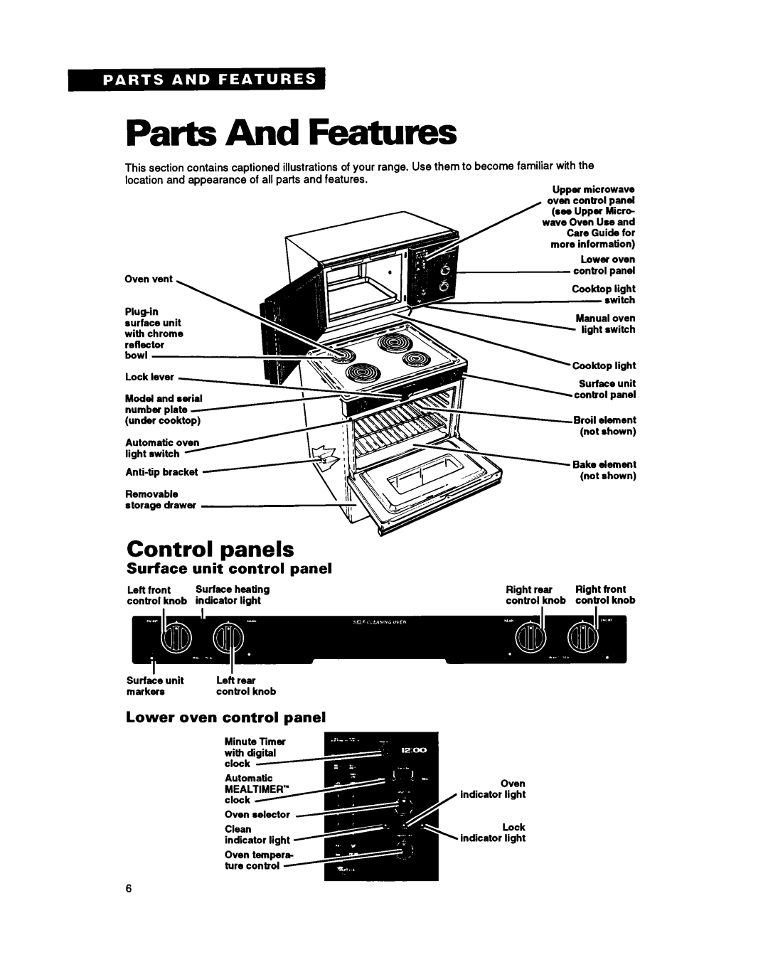 Whirlpool RM980PXY warranty Parts And Features, Control panels, Surface unit control panel, Lower Oven control 