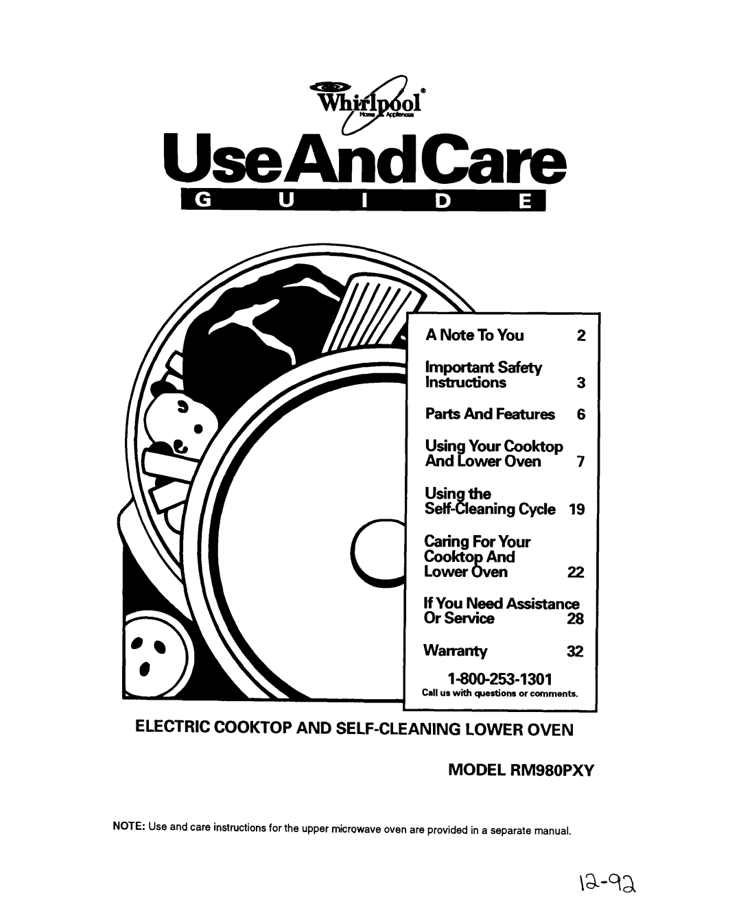 Whirlpool warranty UseAndCare, Y&fN of, Usin the Setf-!Ieaning Cycle Caring For Your, MODEL RM980PXY 