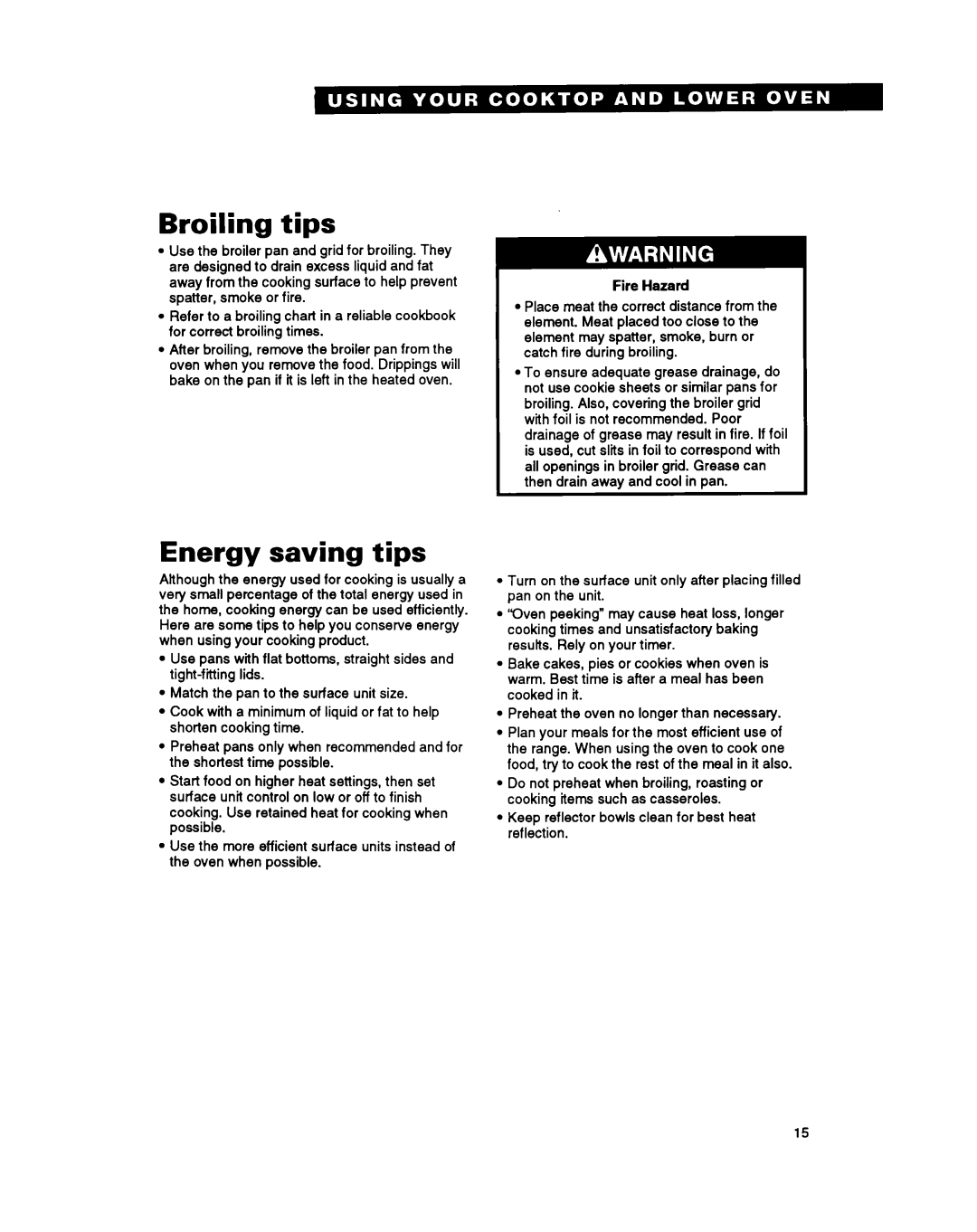 Whirlpool RM980PXY warranty Broiling tips, Energy saving tips 