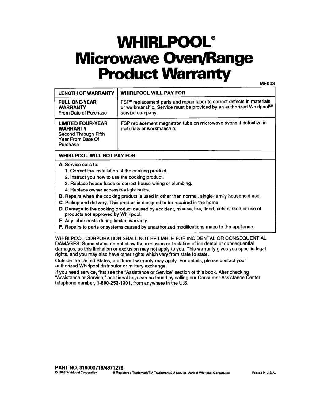 Whirlpool RM980PXY warranty Microwave OverJRange Product Warranty, Whirlpool 