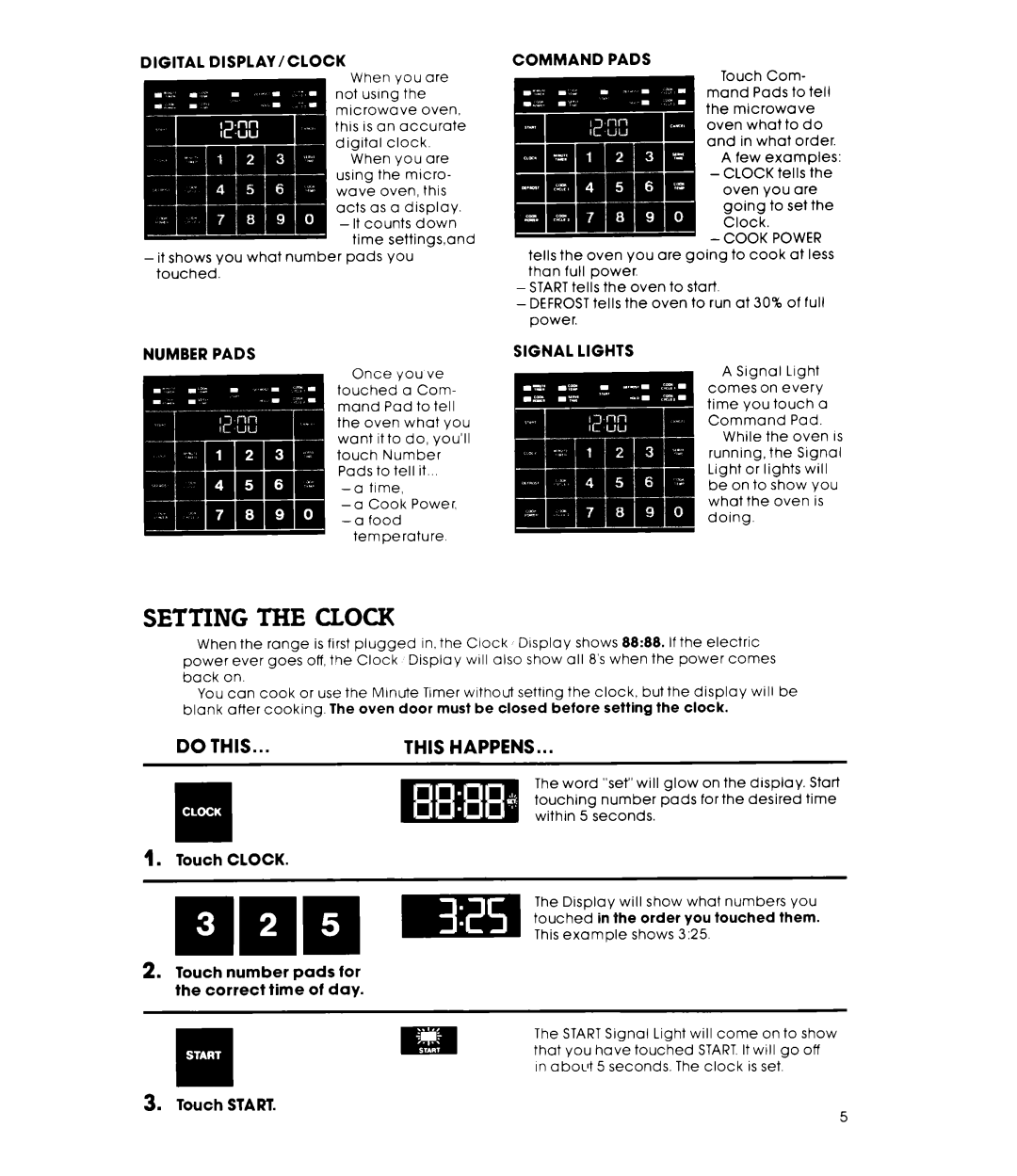 Whirlpool RM988PXK warranty Setting Clock, Do this, Touch Clock, Touch number pads for the correct time of day Touch Start 