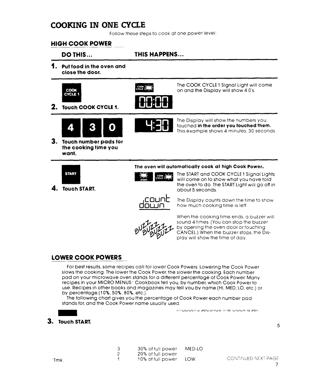 Whirlpool RM988PXK warranty Cooking in ONE Cycle, High Cook Power Do this, Lower Cook Powers 