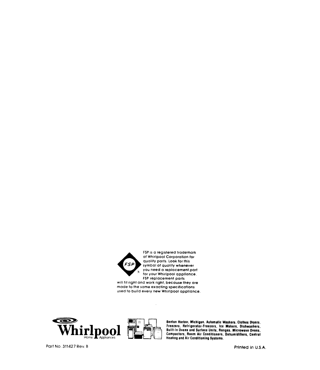 Whirlpool RM988PXK warranty Thpool, Part No. 311427 Rev. B, Printed in U.S.A 