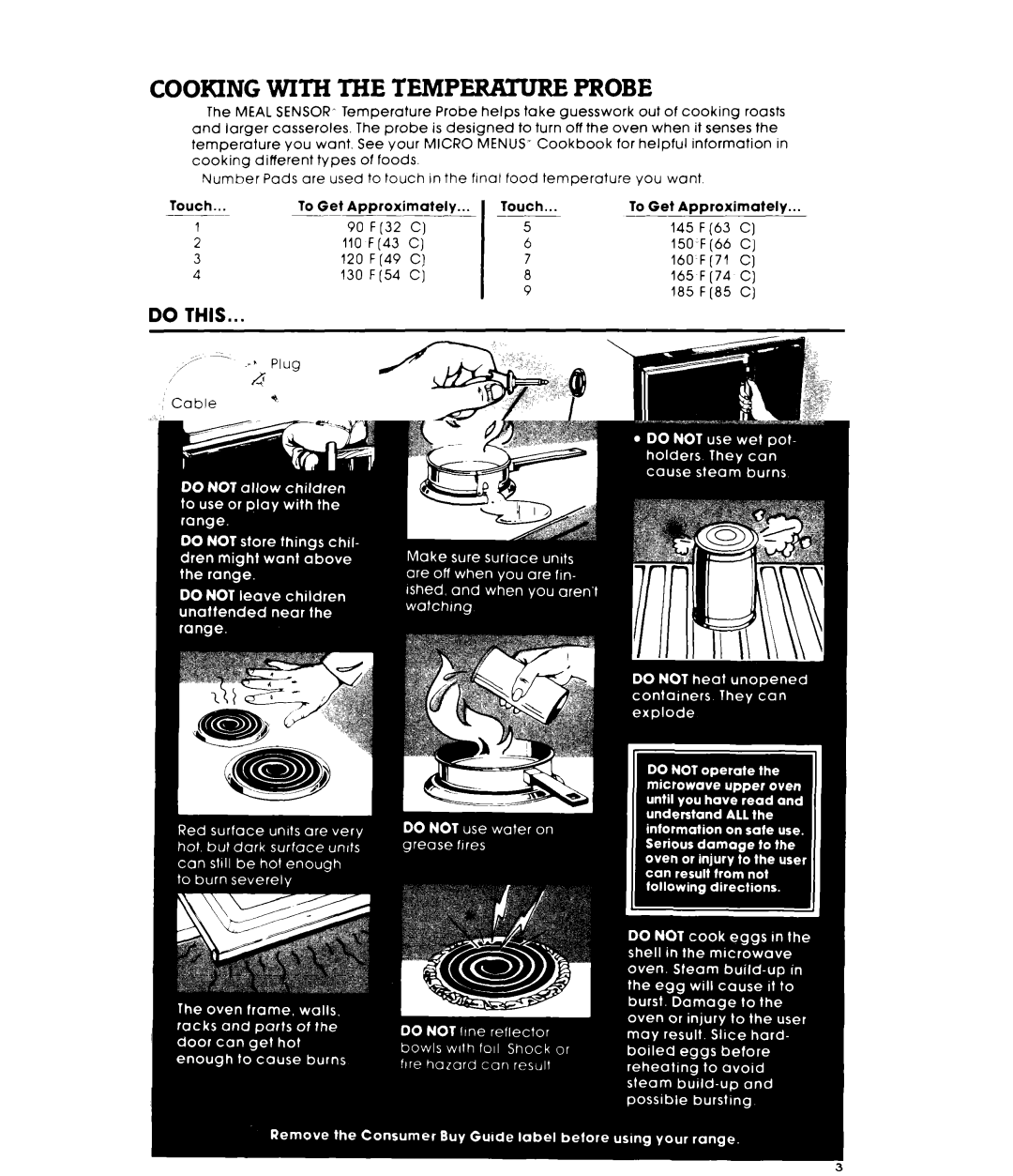 Whirlpool RM988PXL warranty Cooking with the Temperrture Probe, Touch the number pad for the Cook Power you want, Menus‘ 