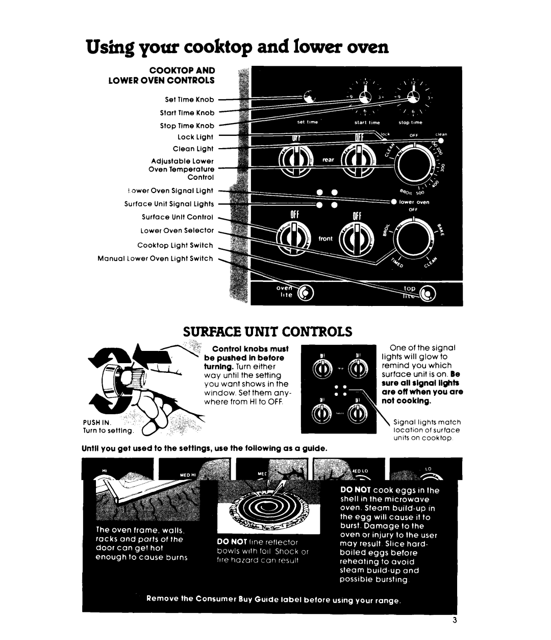 Whirlpool RM988PXL warranty Surface Unit Controls, Cooktop Lower Oven Controls 