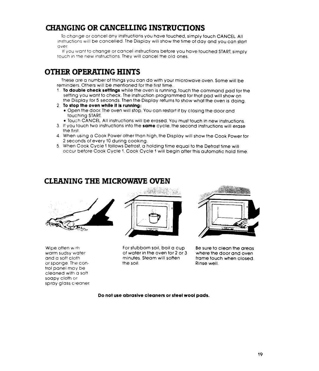 Whirlpool RM988PXL warranty Changing Or Cancelling Instructions, Other Operating Hints, Cleaning The Microwkve Oven 