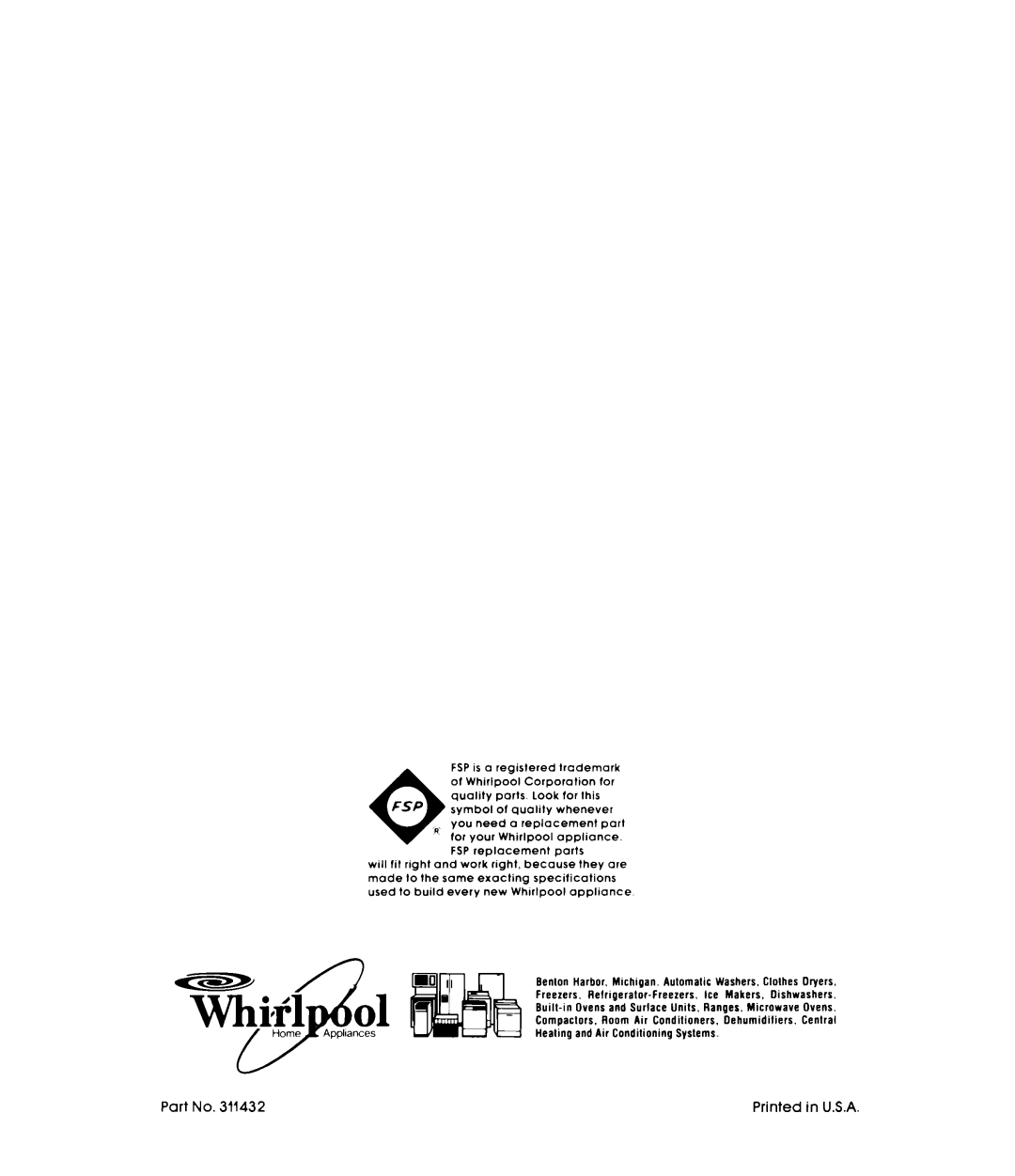 Whirlpool RM988PXL warranty Part No, Printed in U.S.A 