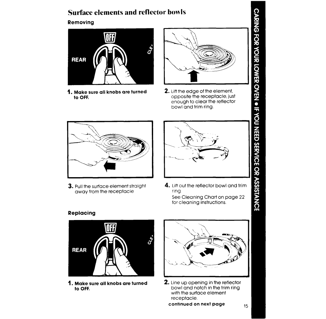 Whirlpool RM988PXS manual Surface elements and reflector bowls, Replacing 