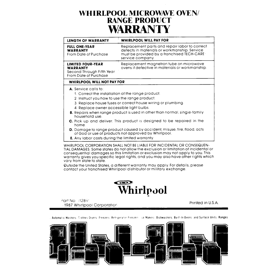 Whirlpool RM988PXS manual Whirlpool Microwaw Oven Range Product 