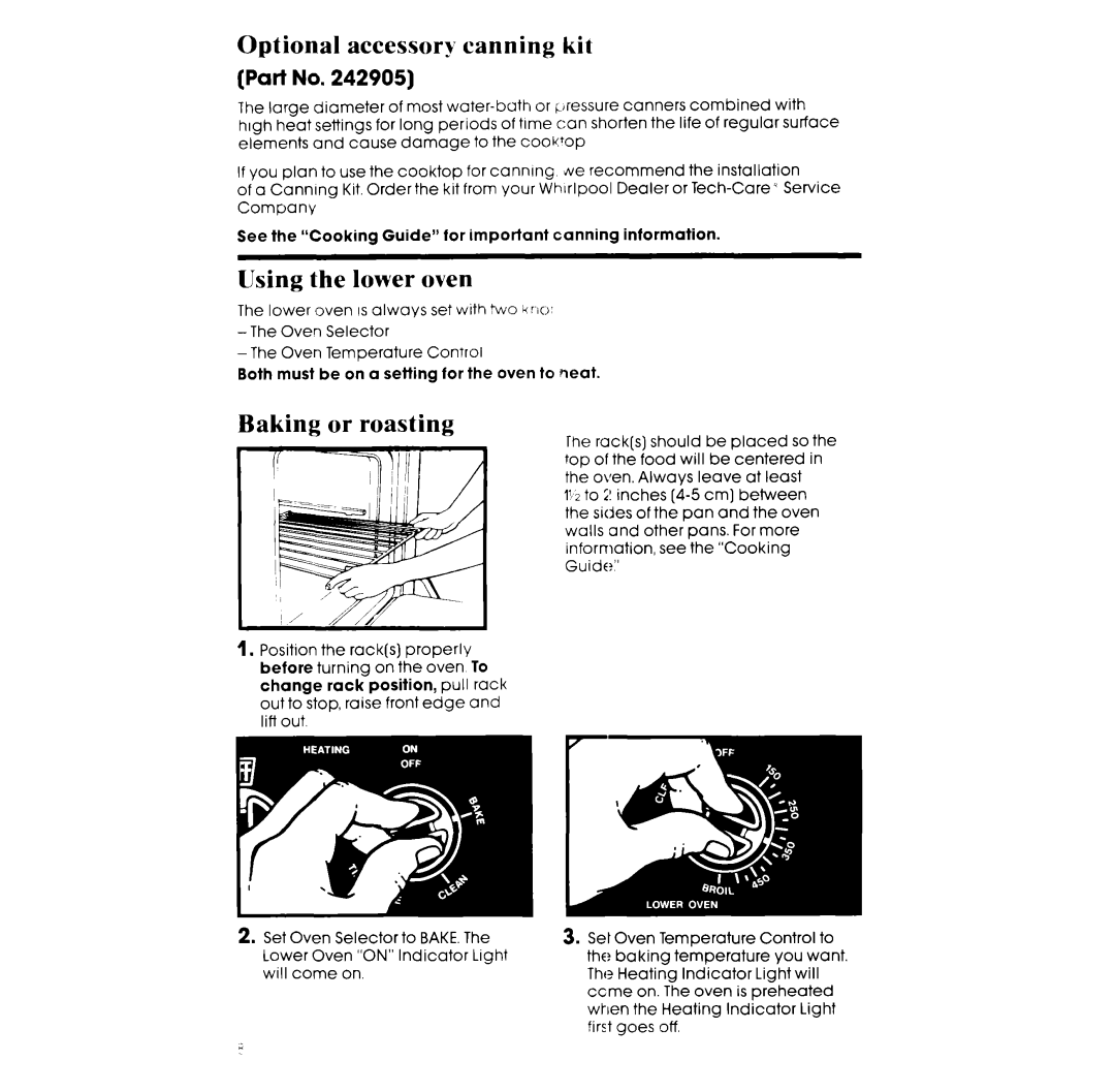 Whirlpool RM988PXS manual Optional accessory canning kit, Using the lower oven, Baking or roasting 