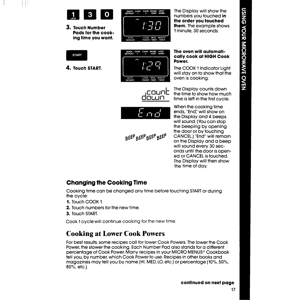 Whirlpool RM288PXV, RM988PXV manual Dawn, Cooking at Lower Cook Powers, Changing the Cooking Time 