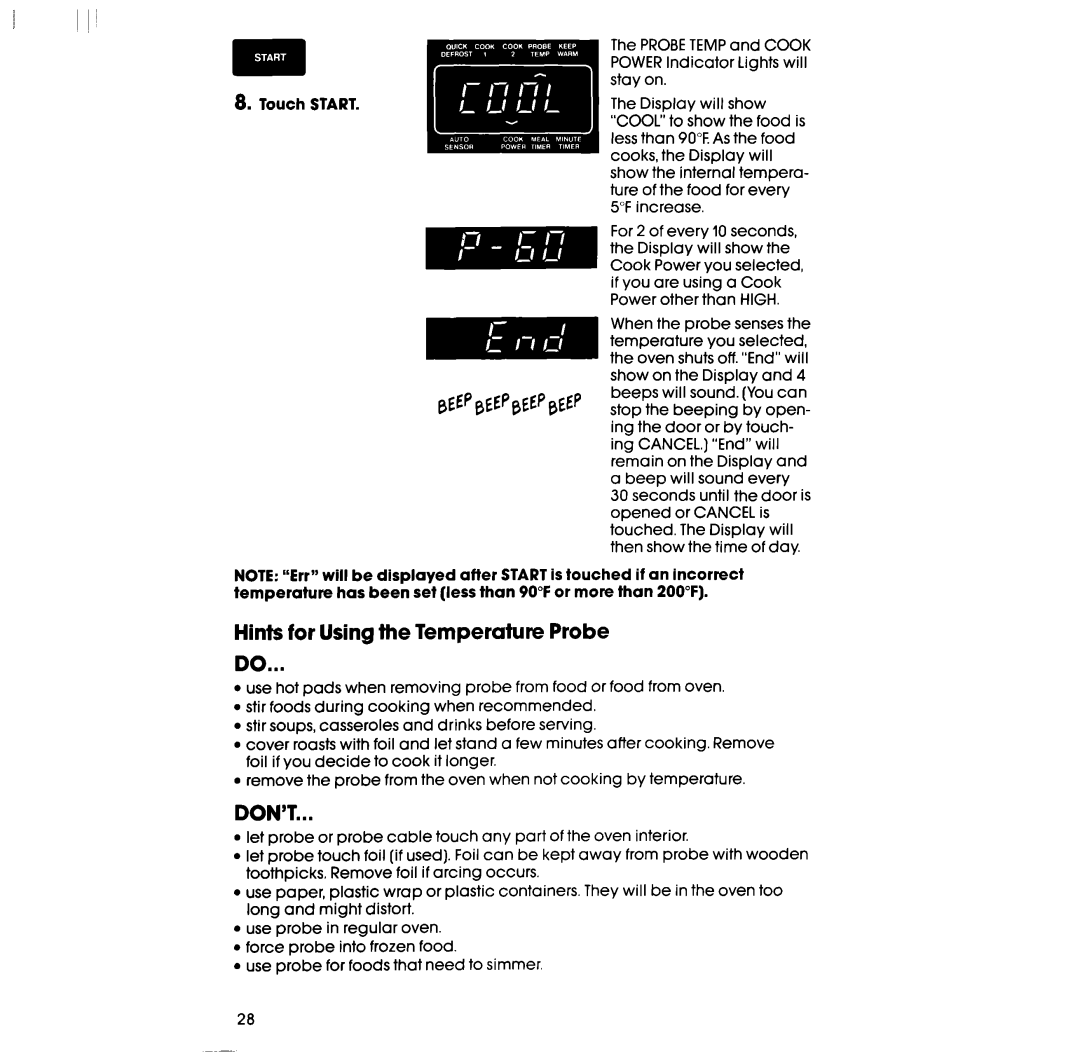 Whirlpool RM988PXV, RM288PXV manual Hints for Using the Temperature Probe, Don’T 