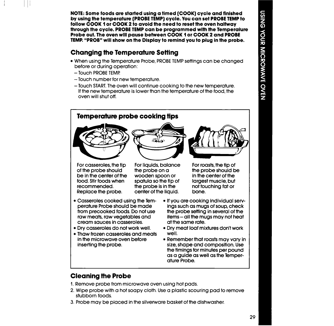 Whirlpool RM288PXV, RM988PXV manual Changing the Temperature Setting, Temperature probe cooking tips, Cleaning the Probe 