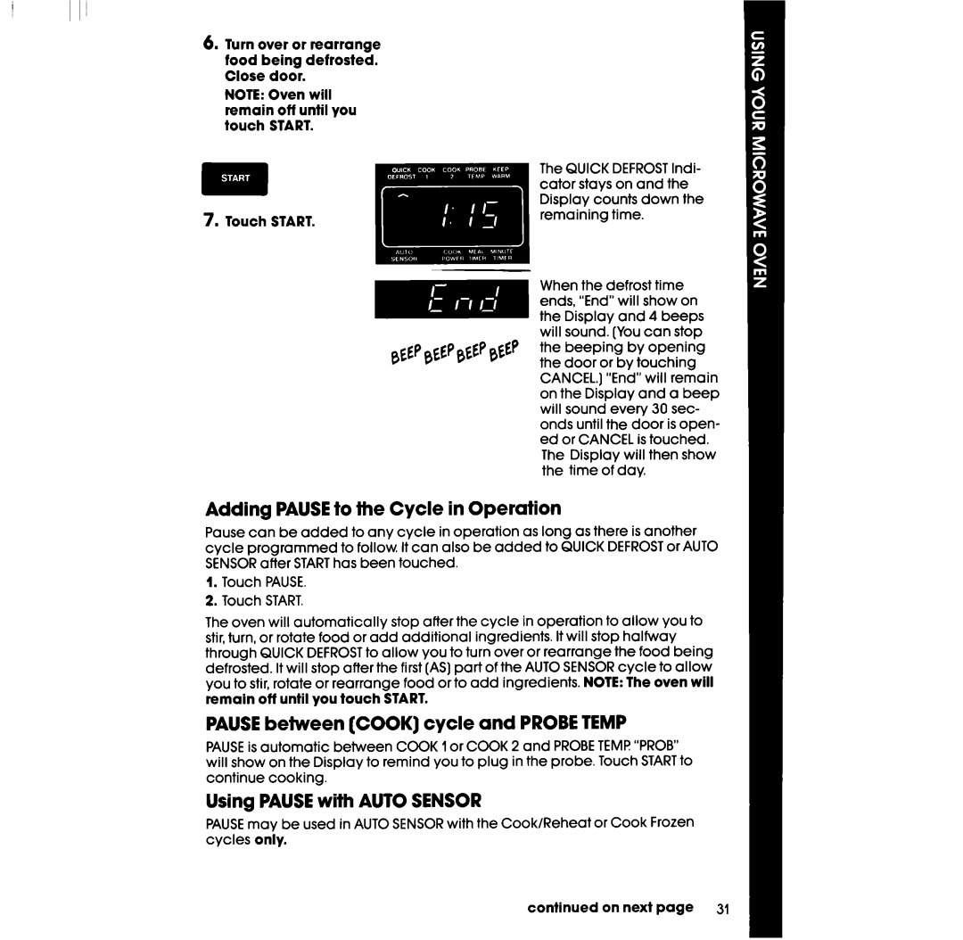 Whirlpool RM288PXV, RM988PXV manual Adding PAUSEto the Cycle in Operation, PAUSEbetween Cook cycle and Probetemp 