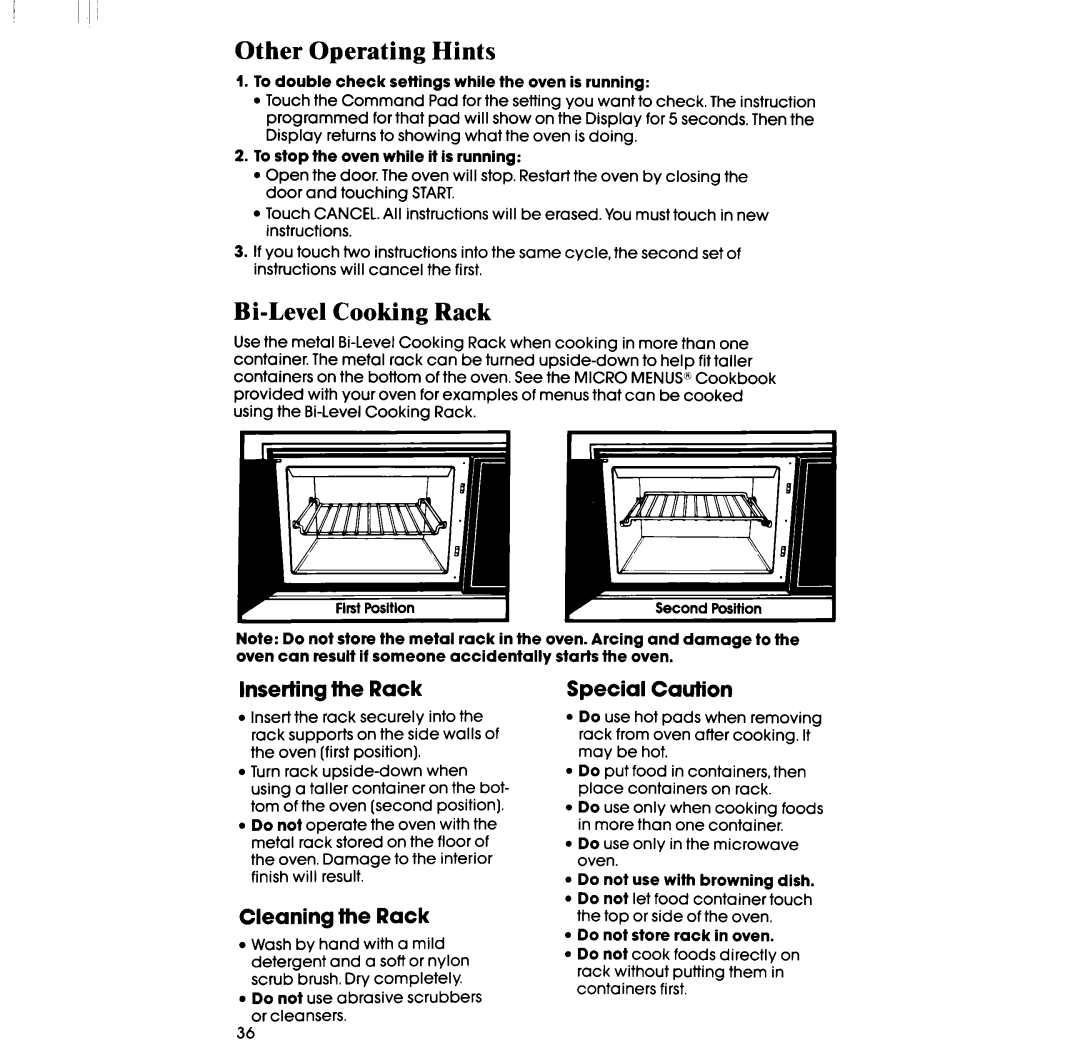 Whirlpool RM988PXV Other Operating Hints, Bi-Level Cooking Rack, Inserting the Rack, Cleaning the Rack, Special Caution 